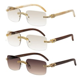 Retro Vintage Style Rimless Clear Lens Sunglasses for Women & Men - Luxury Glasses Fashion Crystal Wood Eyewear Shades (3 PACK: Gold Wood - Marble - Brown)