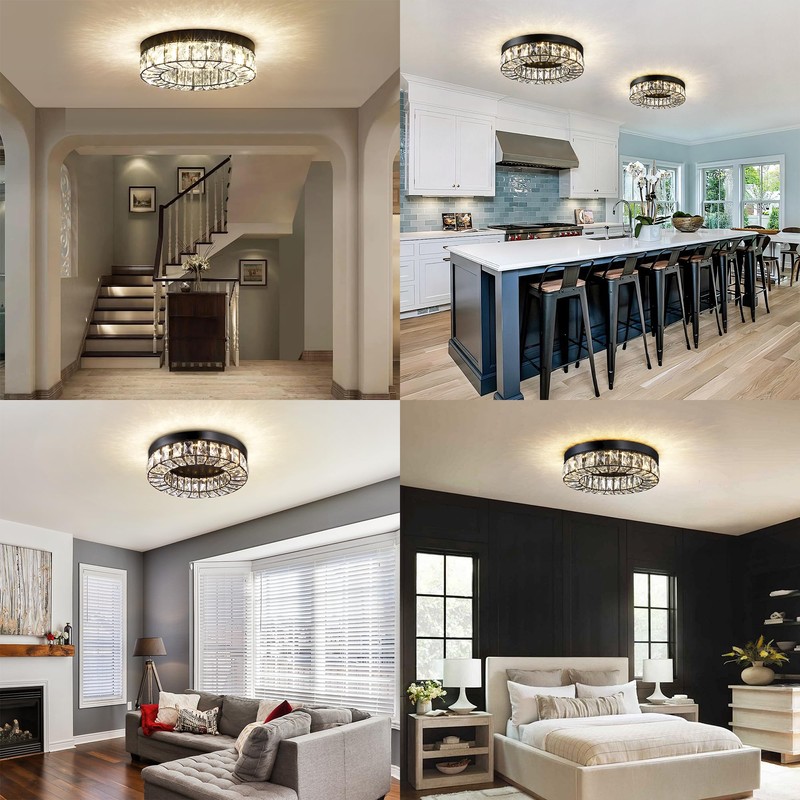 Crystal LED Flush Mount Ceiling Light Fixtures Modern Black LED