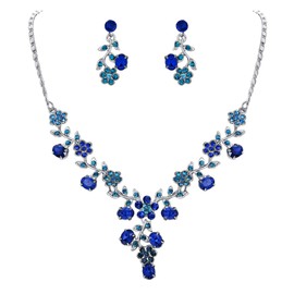 Ever Faith Flower Leaf Necklace Earrings Set Austrian Crystal Silver-Tone - Blue N03848-10