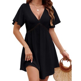 BMJL Women's Swimsuit Coverup V Neck Beach Cover ups Short Sleeve Flowy Bathing Suit Cover up(Black,XL