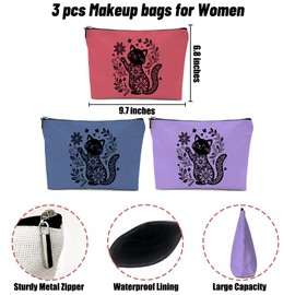 3 Pack Wildlower Funny Cat Gifts for Women Cat Lover Gifts Makeup Bag,Cosmetic Bags for Women,Sister Teacher Girls Trip Bachelorette Party Toiletry Bag Birthday Friendship Girls Weekend Vacation