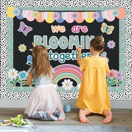 FYSUIMU 78Pcs Boho Spring Classroom Bulletin Board Set We are Blooming Together Flower Butterfly Rainbow Cutouts for School Chalkboard Home Office Wall Decor