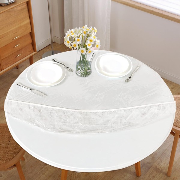 Clear Round Vinyl Fitted Tablecloth 48inch Waterproof Elastic Edge Plastic