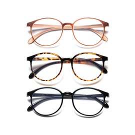 PEYEOISD 3Pcs Fashion Round Reading Glasses 1.0 Women/Men, Super Light Blue Light Blocking Readers, Retro Anti Glare/UV Eyewear