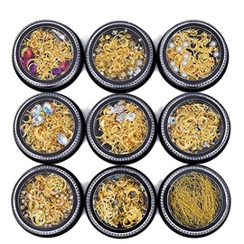 MEILINDS 3D Gold Nail Studs Gold Nail Rivets Gems Nails Art Decoration Sparkle Rhinestones Hollow Moon Star Shaped Artificial Pearls Metal Rivets Charms DIY Nail Tips 9 Boxes