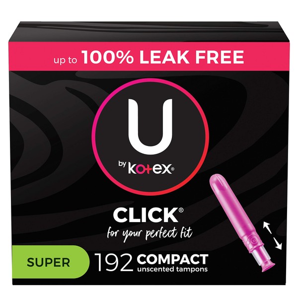 U by Kotex Click Compact Tampons, Super Absorbency, Unscented, 192 Count (6 Packs of 32) (Packaging May Vary)