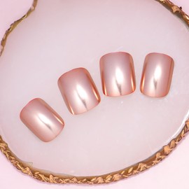 Rose Gold Chrome Press on Nails Short Square Fake Nails Rose Gold Mirror Metal False Nails Acrylic Glue on Nails Glossy Full Cover Stick on Nails Shine Artificial Nails for Women 24Pcs