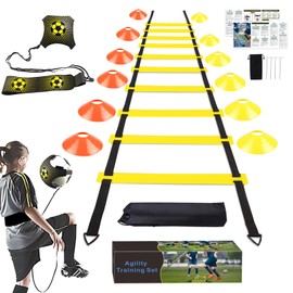YGORTECH Soccer Training Equipment Set - 20FT Agility Ladder, 12 Soccer Cones, Kick Trainer, Speed and Agility Training Equipment for Indoor/Outdoor Practice Yellow Ladder