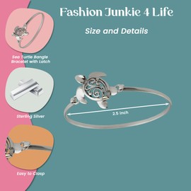 FashionJunkie4Life Sterling Silver Sea Turtle Bangle Bracelet with Filigree Design and Latch Closure