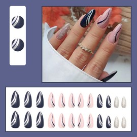 24 Pcs Almond Shape Press on Nails, Medium Length Pink Blue with Silver Glitter Swirl French Designs Fake False Nails with Glue, Nail Art for Women and Girl Stick on Nails