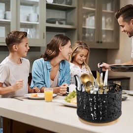 Gzsekken 360° Rotating Metal utensil holder - 4 Compartment Kitchen Cutlery Holder with wooden base Fork Spoon Napkin Caddy Organiser Flatware Rack Party Countertop Buffet Picnic Camping Outdoor