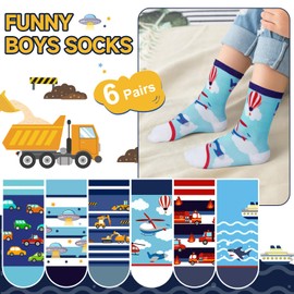 Queenshin Boys Novelty Socks Fun Crazy Funny Cute Cartoon Trucks Patterned Kid Crew Cotton Socks 6 Pairs