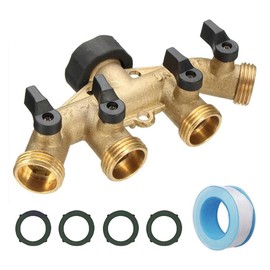 Sarini 4-Way Brass Diverter 3/4 Inch, 4-Way Brass Ball Valve with 4 Independent On/Off Valves for Garden Faucets, Hose Splitter, Watering Systems