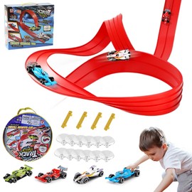 KBIBCK Speed Track Race Track, 4 M Racing Track Children, Roll-Up Race Track for Children, Flexible Race Track with 12 Suction Cups and 4 Cars, Gifts for Boys and Girls from 3 Years (Red)