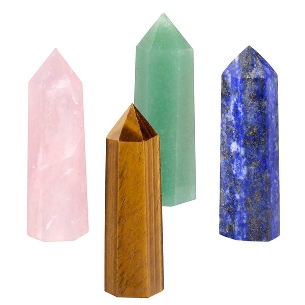 SUNYIK Gemstone Healing Crystal Points Wand, Single Terminated Wand Prism for Meditation, Rose Quartz Green Aventurine Lapis Lazuli Tiger's Eye, Pack of 4
