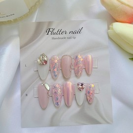 Lovely pink glitter handmade nail tip - Petite round / 러블리 핑크 글리터 수제네일팁 - 쁘띠라운드