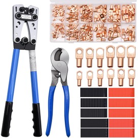 Cable Lug Crimping Tool with 170pcs Copper Wire Lugs, Wire Crimping Tool for AWG 10-1/0 Electrical Lug Crimper, with Cable Cutter, 210pcs Dual Wall Adhesive Heat Shrink Tubing
