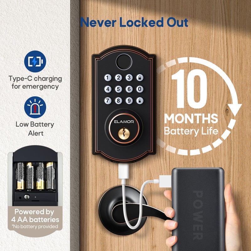 ELAMOR M19 Fingerprint Door Lock with 2 Lever Handles, Keyless