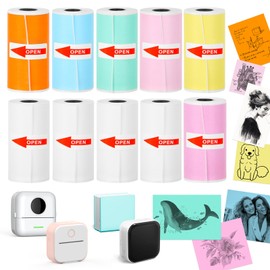 HuiJuKeJi 10 Rolls Mini Thermal Sticker Paper for Phomemo T02/M02/M02X, 4 Rolls White&6 Rolls Color Self-Ashesive Mini Printer Paper, 53 * 28 Mini Photo Printer Paper for DIY/Photos/Notes