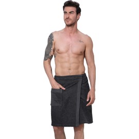 SEYANTE 100% Turkish Cotton Men's Towel Spa Wrap, Bath Towels with Adjustable Closure, Textured, Rice Weave Trim (Small/Medium, Charcoal)