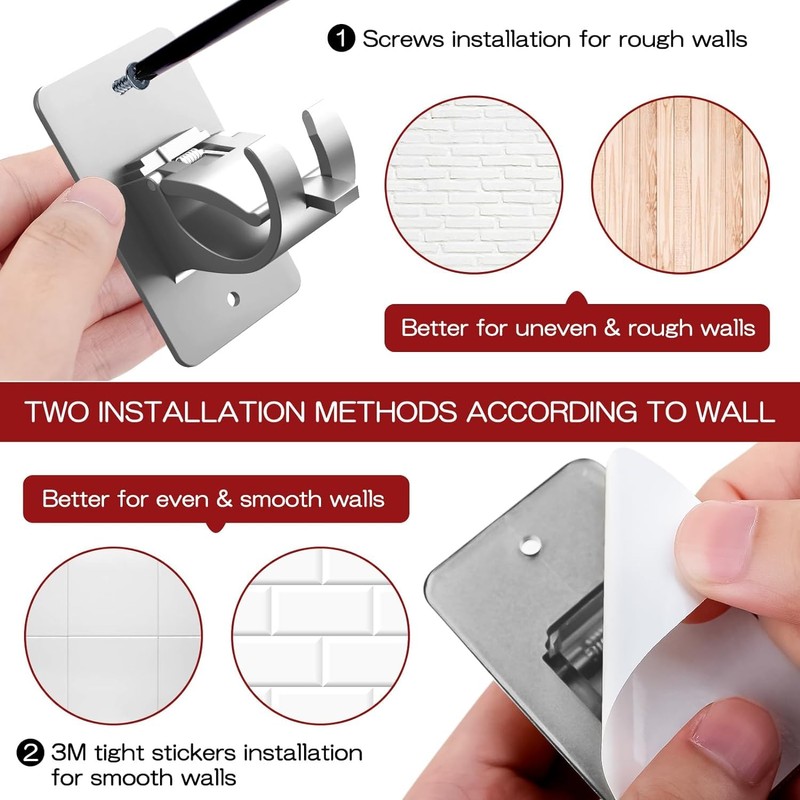 6PCS No Drill Curtain Brackets, Self-Adhesive Rod Holders, Universal Plastic