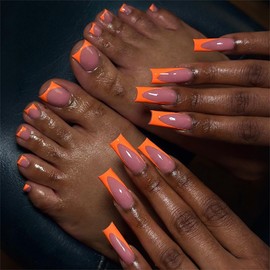 48Pcs Orange French Tip Press on Nails and Toenails Set Medium Length Square Fake Nails Full Cover Summer Acrylic Stick Nails Kit Reusable Short Square False Toenails for Women DIY Manicure