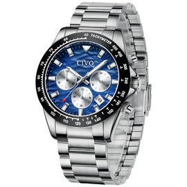 CIVO Watches Men's Military Waterproof Silver Stainless Steel Chronograph Date Analogue Quartz Watches for Men, blue, Bracelet
