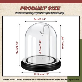 Beeveer 2 Pcs Pocket Watch Glass Display with Hooks Dome Cloche with Wood Base Decorative Glass Display Dome Showcase for Watch Plants Medals Photos Collectibles Dark MDF Base(3" X 4",Silver Hook)