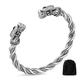 Arm Rings Viking Bracelet for Men Double Dragon Head Adjustable Norse Viking Bracelet Cuff Bangle Dragon Head Twisted Bracelet Cool Polished Pagan Jewelry Protection (Silver) SUY