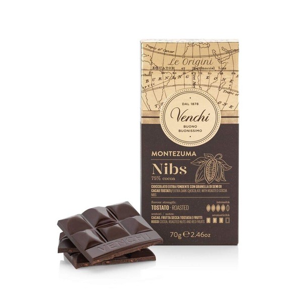 Venchi Montezuma 75% Extra Dark Chocolate Bar with Cocoa Bean Nibs 2.46oz