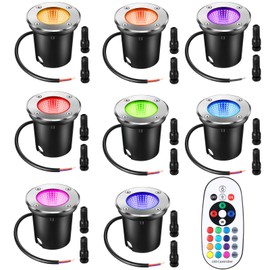 Tuanse 8 Pack Low Voltage Landscape Lights with 16 Connectors and 1 Remotes, RGBW Colored LED Well Lighting 12v-24v Waterproof Outdoor in Ground Lights for Garden Pathway Deck