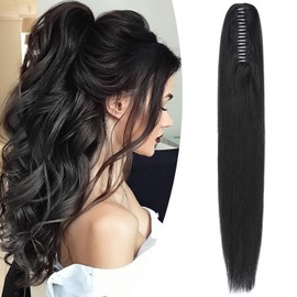 SEGO Ponytail Extension, Real Hair Braid with Clip, Clip-In Ponytail Hair Extensions, 100% Remy Hair Piece, Straight, 20 inches (50 cm), 120 g, Black #1