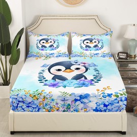 Cartoon Penguin Kids Fitted Sheet Twin Size,Cute Arctic Pole Animals Bedding Set,Girls Boys Adults Room Decor,Flowers Plants Romantic Bed Cover,Blue Gradient Bed Sheet,1 Pillowcase