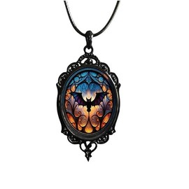 Gothic Mystery Witch Cameo Earrings Bat Glass Pendant Necklace for Women Vintage Gothic Rope Chain Witch Bat Choker Dark Punk Style Necklace Victoria Emboss Necklace Mystic Witch Jewelry(Bat)