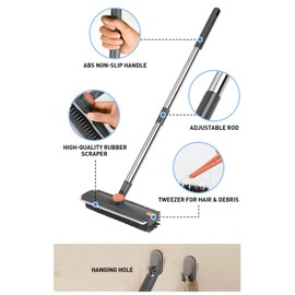 AUFXKOO Floor Scrub Brush with Long Handle,3 in 1 Multi-Angle Heavy Duty Stiff Bristle Scrubber with Squeegee and Tweezer,Shower Brush for Cleaning Shower Bathroom,Patio,Garage, Kitchen,Deck and Wall