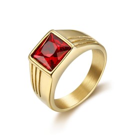 BOBIJOO JEWELRY - Bague Chevalière Discrète Homme Gitan Forme Carré Acier Doré Or Fin Plaqué Rubis - Z+1 (13 US)