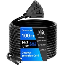 islewire 100 FT 3 Outlet Outdoor Extension Cord Waterproof, 16/3 SJTW Black Extension Cord with Multiple Outlets, Heavy Duty 16 Gauge 3-Prong Grounded Power Cable for Garden and Home Use, ETL Listed