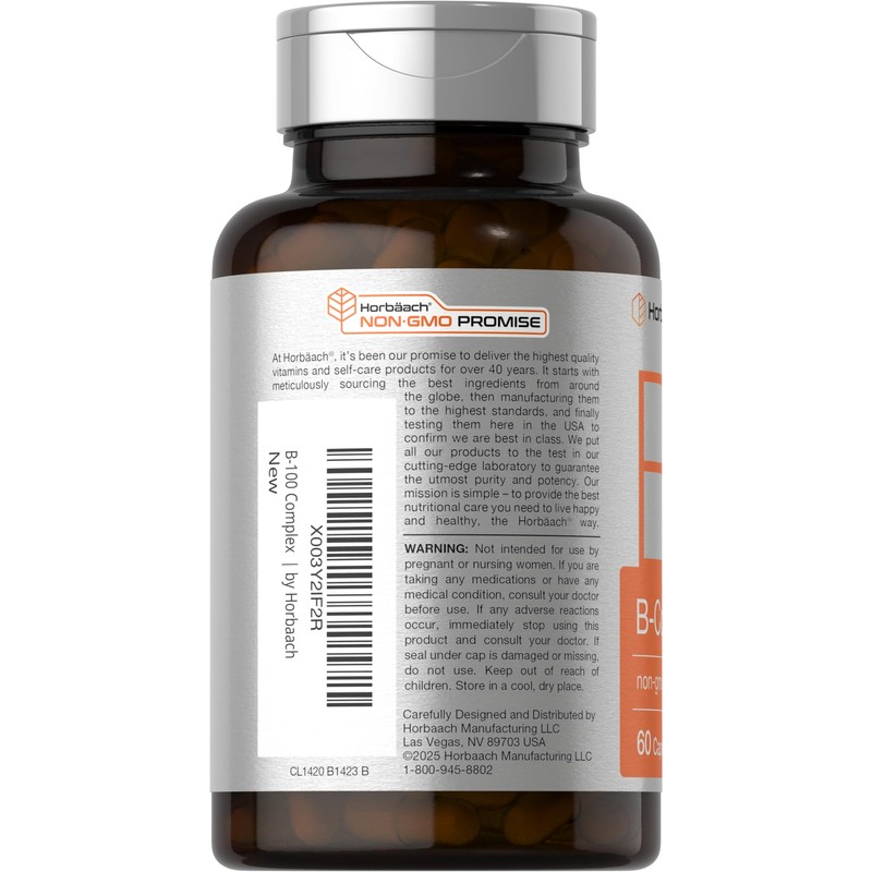 Horbäach B-100 Complex Vitamin | 60 Capsules | Non-GMO and