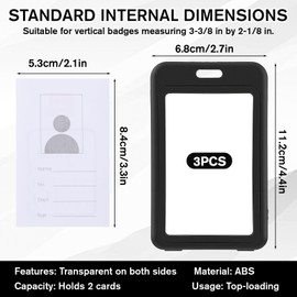 3 PCS Id Badge Holder with Double-Sided Clear Windows, Vertical Hard Black Plastic Case Waterproof Card Holder Card Protector Pouch for Office School Id Credit Cards Daily Use