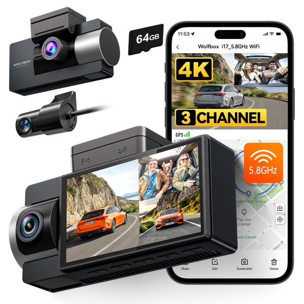 WOLFBOX i17 4K 3 Channel Dash Cam Integrated 5.8GHz WiFi