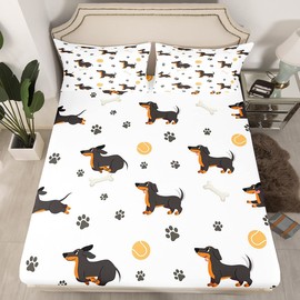 Castle Fairy Cute Dachshund Dog Fitted Sheet King Size,Ball Bones Paw Print Bed Sheet Set Bedroom Decor,House Pet Animal Themed Polyester Bedding Set(1 Fitted,1 Flat,2 Pillowcases)