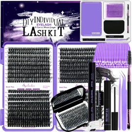 DNSGOOR DIY Fluffy Lash Extension Kit 804Pcs D Curl Individual Lash Clusters Eyelashes Extension Set with Mirror Lash Storage Box Lash Bond&Seal Glue Remover Tweezers Lash Brush Applicator