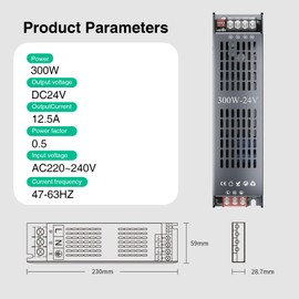 KOSOOM LED Power Supply DC 24 V 12.5 A 300 W Dimmable LED Transformer Power Supply with 5 Protection Modes, Suitable for Converting 220-240 V AC to 24 V DC Voltage