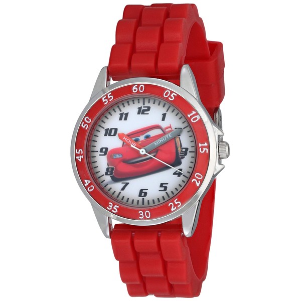 Accutime Cars Kids' Analog Watch with Silver-Tone Casing, Red Bezel, Red Strap - Official Cars Lightning McQueen Character on The Dial, Time-Teacher Watch, Safe for Children - Model: CZ1009