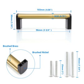 Fulgente 10 Pack 3-3/4 Inch Gold and Black Cabinet Handles for Kitchen Brushed Brass Dresser Drawer Pull Stainless Steel Matte Golden Pulls Bathroom Cupboard Door 3-3/4" (96mm) Hole Center Hardware