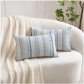 Zealax 12x20 Boho Throw Pillow Covers Lumbar Decorative Neutral Farmhouse Cushion Covers for Couch Bed Living Room, Cotton Textured Striped Pillowcases Set of 2, Blue