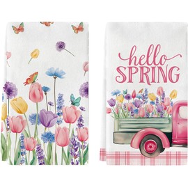 zukmvuh Spring Kitchen Towels Tulip Truck Hallo Spring Cute Seasonal Kitchen Dish Towels Decorations for Home Kitchen Bathroom, 18x26 Inch Hand Towels Set of 2