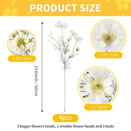 Hanycon 4PCS Artificial Wild Flower Fake Cosmos with Long stem Faux Silk Flowers for Wedding Bridal Bouquet Wreath Table Centerpiece Outdoor Decor (White)