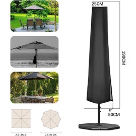RICHIE Garden Parasol Cover Outdoor Umbrella Covers Fit 2.5 to 4m Diameter Parasols 190x25x50cm Waterproof 600D Oxford PVC Coating with Heavy-duty Zip and Adjustable Drawstring Cord at Bottom, Black