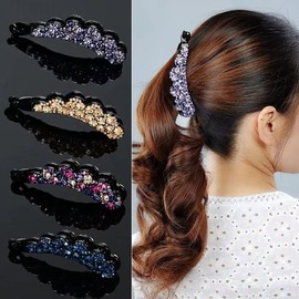 Rhinestone Banana Clip, Yaioi Wind, Rakuchin, Kantan, Hair Arrangement, Beginner, Sparkling Barrette, Crystal, Evening Roll, Simple, Comb (Blue Gray, L)